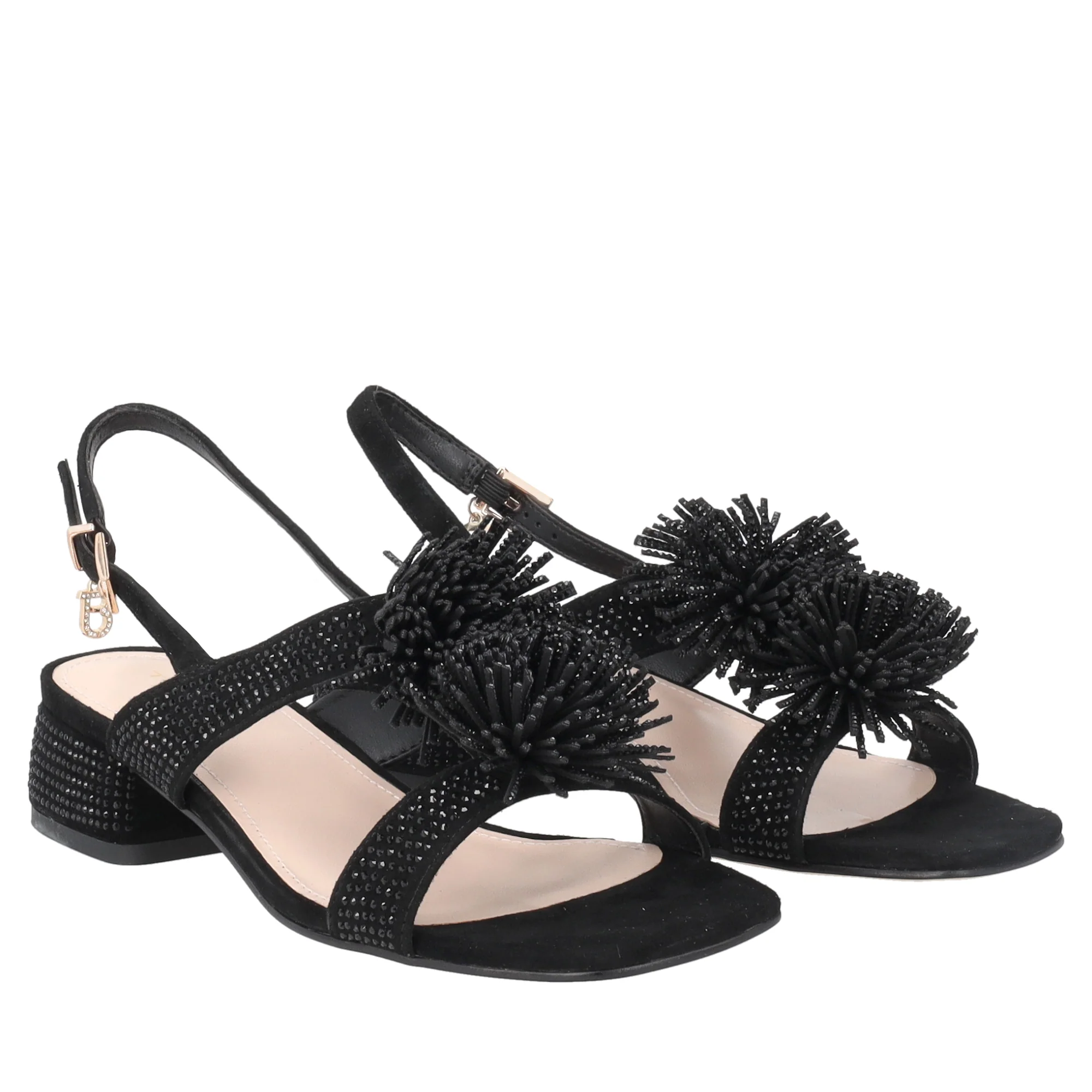 Sandalo Lisbona in pelle scamosciata con strass colore nero