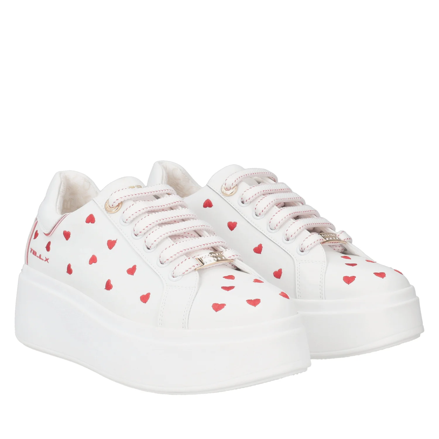 Sneaker Clara in pelle con cuori ricamati colore bianco/rosso